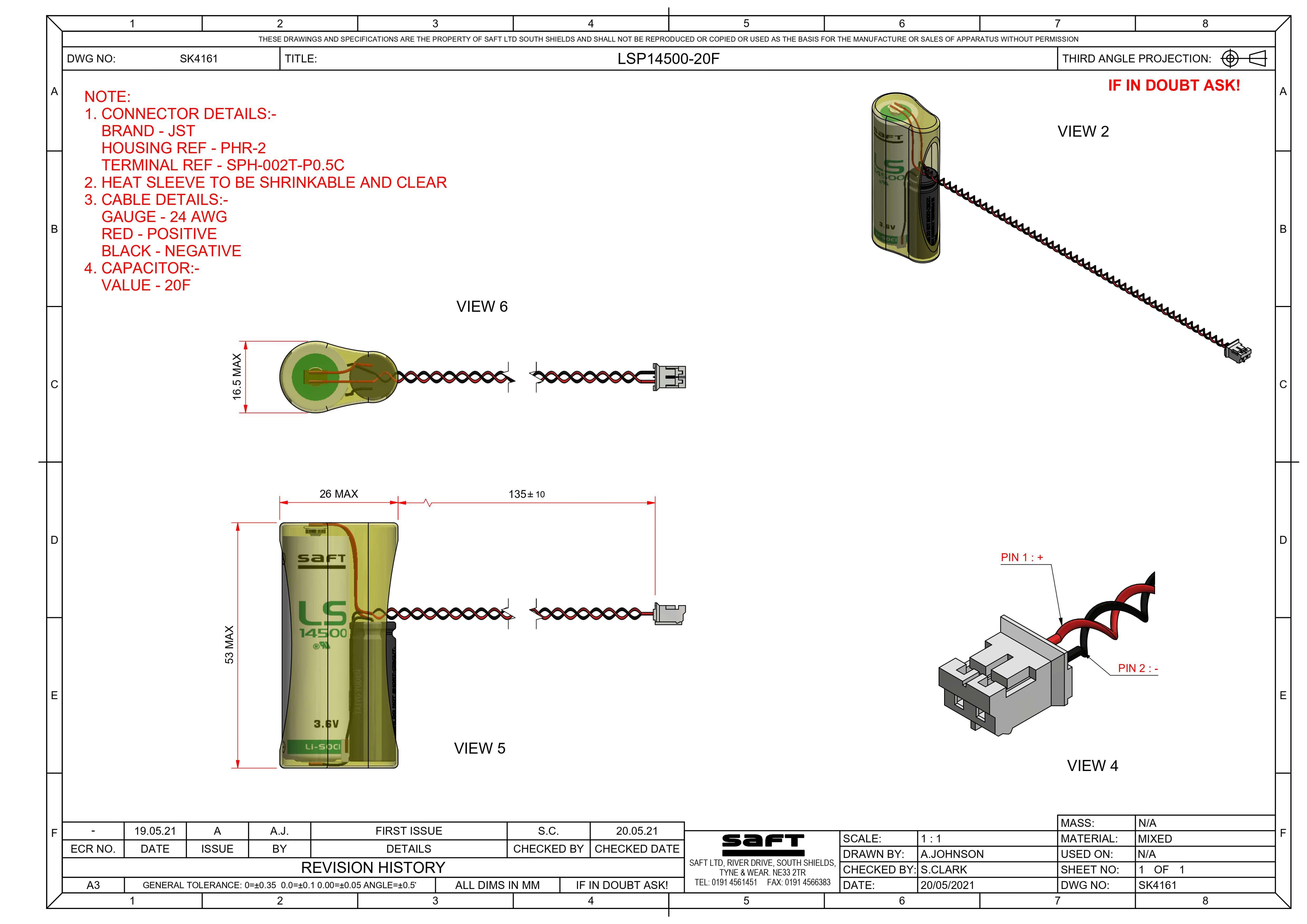 Saft LSP14500-20F Battery, 3.6V 2.6Ah Size AA Hybrid Cell Li-SOCl 2